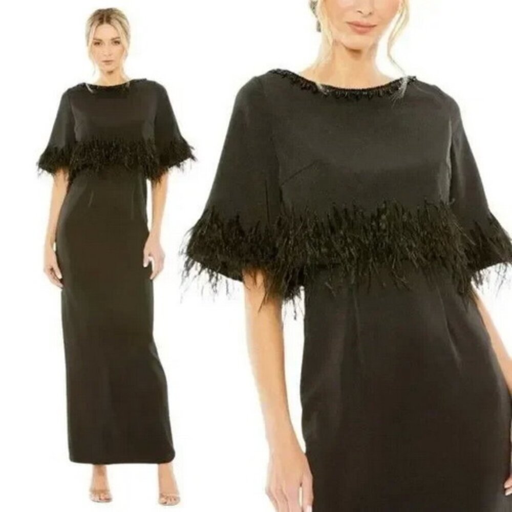 Mac Duggal Black Hand Beaded Crystal Neck Feather Detail Dress